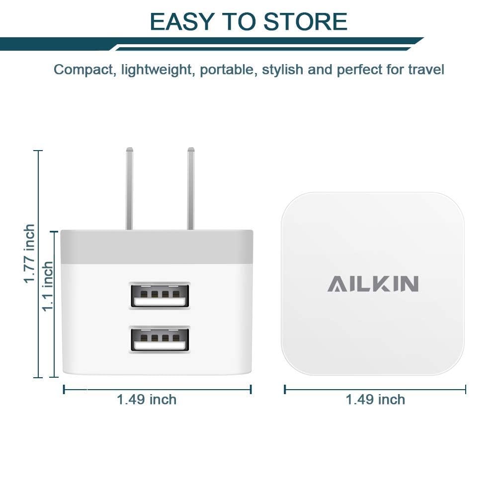 AILKIN - Cargador de pared USB de 2 puertos USB de 2,4 A para iPhone XR XS MAX X/8/7, iPad, Samsung, LG, Pixel | Power Cube - Base de carga rápida para iPhone 17 Air 16e 16 15 14 13 12 Pro Max SE 11 Samsung, bloque de carga de teléfonos