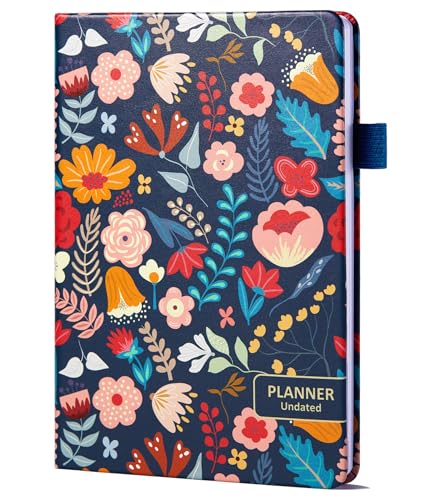 Comkiso Undated Weekly and Monthly Planner with Adhesive Tabs A5 Dateless Academic Planner for Women & Men Daily Planning Hardcover Leather All In One Planner for Home School Work Organizer (Boho)