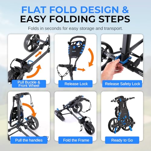 image for SereneLife 3-Wheel Collapsible Golf Push Cart – Flat Fold Design wit