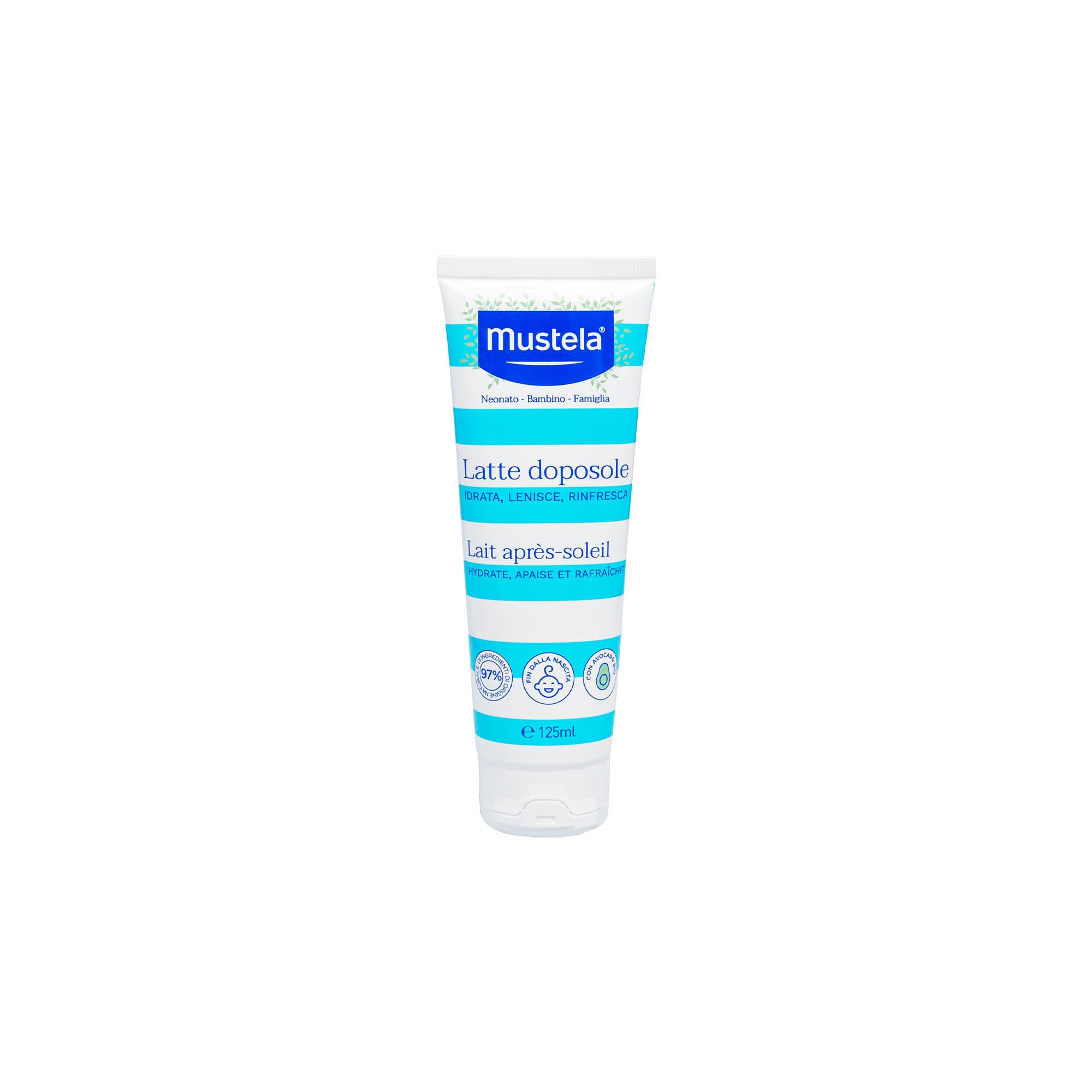 Mustela Latte Doposole, Viso, Corpo, Con Burro di Karité e Perseose di Avocado, Neonati, Bambini, Tutta la Famiglia - Lenisce la Pelle Arrossata dal Sole, Freschezza Immediata (125ml)