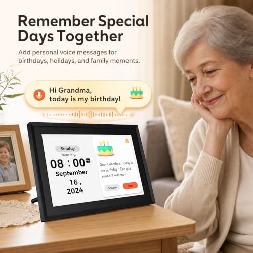Touchscreen Digital Calendar Day Clock for Seniors 10.1 Inch, Voice Alarm | Medication Reminder | WiFi Accurate Time, Customizable Gift for Elderly or Dementia Alzheimers - Black - Image 3
