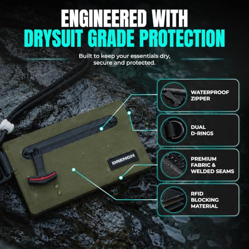 Image of Drench RFID Waterproof Floating Wallet IPX8 Dry Bag for Cards & Cash, Green | IPX8 waterproof RFID wallet for cards, cash & keys with floating design, adjustable lanyard, belt loop & carabiner
