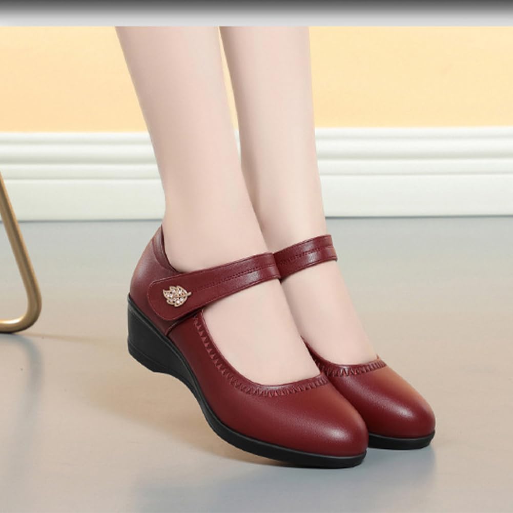 Mary Jane Comfort - Zapatos de tacón de cuña con correa de tobillo para mujer, puntera cerrada, puntera redonda, antideslizante, zapatos Mary Jane para mujer