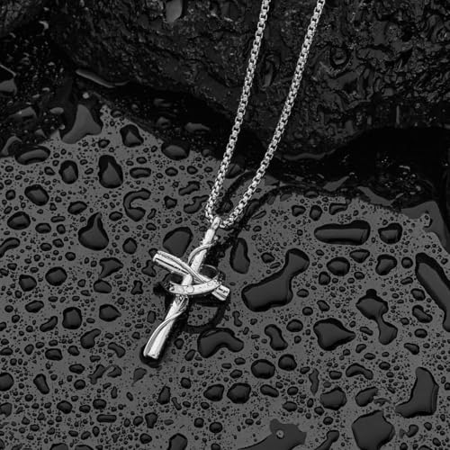 Cross Necklace for Men, Stainless Steel Christian Cross Pendant Necklaces for Men, Silver Chain Necklace for Men, Fade-Resistant, Stylish Jewelry Gift for Him