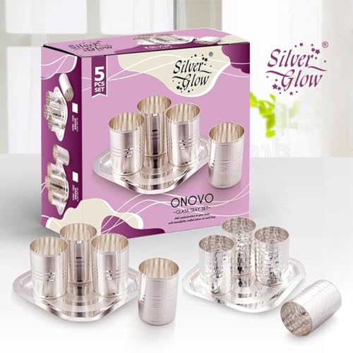 Image of Silverglow Krush Tray Glass Set | Silver Plated Glass Set of 4 with Tray | Juice, Water, Beverages Serving Set | Tableware Set | Perfect Diwali, Office, Wedding Return Gift Item