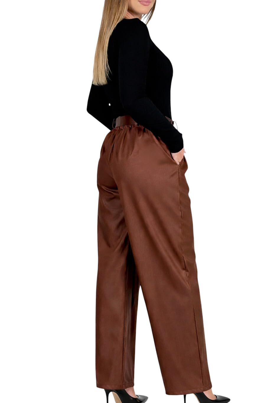 Mississhop Pantalon pour femme en cuir synthétique avec ceinture