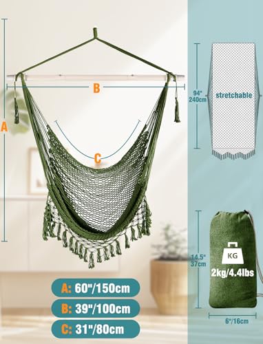 Image of Chihee Hammock Chair Handmade Woven Mesh Hanging Seat Metal Spreader Bar | Cotton Blended Rope Hanging Chair Ventilated Soft-Spun Large Stretch Hammock Swing, Elegant Macrame Indoor Outdoor Garden