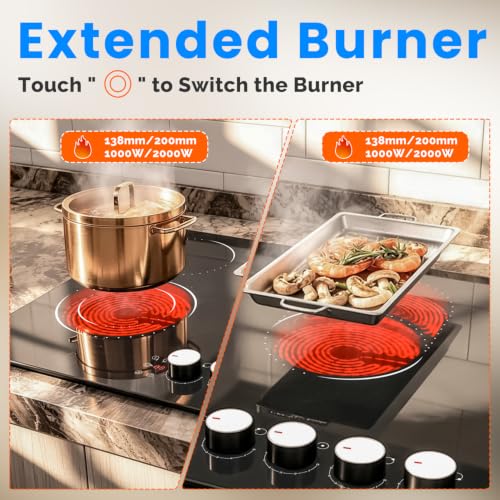 Image of Hobsir 30 Inch Electric Cooktop, 5 Burner 8400W Built-in Stovetop 240V | (29.13 inch x 20.47 inch) Knob & Touch Control, 9 Power Levels, 99-Min Timer, Safety Lock, Tempered Glass, All Cookware Compatible
