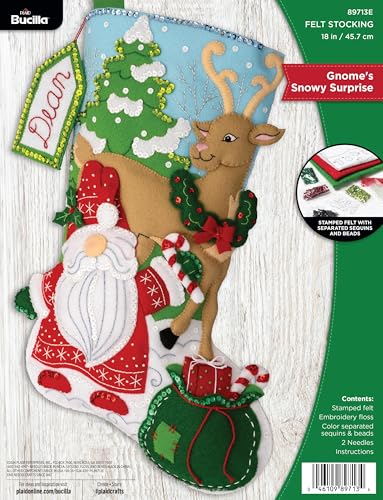 Image of Bucilla Felt Applique 18 inch Stocking Making Kit, Gnome's Snowy Surprise, Perfect for DIY Arts and Crafts, 89713E