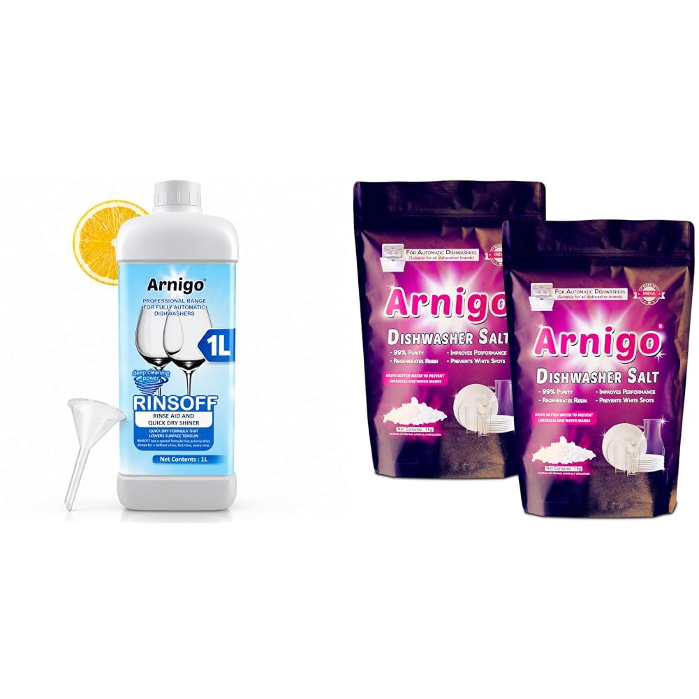 Arnigo Dishwasher Rinse Aid 1000 ML Liquid - Shine and Dry | Suitable for All Brands Dishwasher Machines & Dishwasher Salt 2kg for All Brands Dishwasher, Prevents White Spots, Regerates Resin-image-15