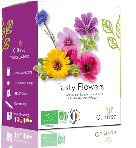 CULTIVEA® Mini Kit Huerto de Flores Comestibles – 100% Semillas Bio - Jardina, Decora y Degusta - Idea de Regalo (Calendula, Amapola, Malva, Cosmos, Poppy)