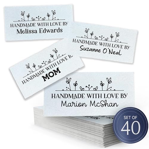 Personalized Sewing Labels Collection 1x2 Custom Cotton Fabric Tags Set of 40 Sew On or Iron On Machine Washable Labels for Makers (Doodle Flowers)