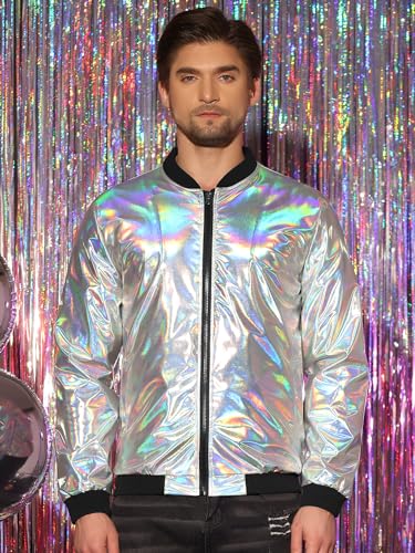 Image of Lars Amadeus Metallic Varsity Silver Holographic Jacket for Men's Zip Up Long Sleeves Shiny Silver Bomber Jacket Large