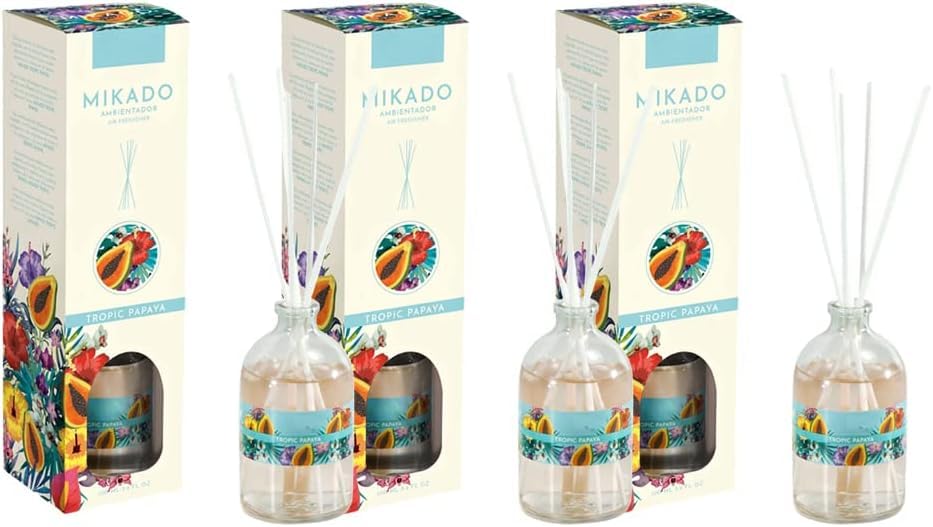 PCMOVILES Mikado Ambientador TROPIC PAPAYA 100 ml – Pack de 3 Unidades – Aroma Fresco y Natural – Difusor de Varillas para Casa, Oficina y Armario