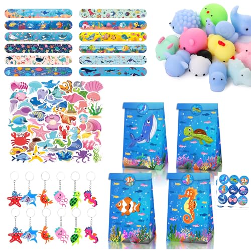 Eymobad Presentes para festas de animais marinhos, 98 unidades, para festas de aniversário, oceanos, chaveiros, pulseiras de shot, sacos de presente, para meninas e meninos, acessórios de festa