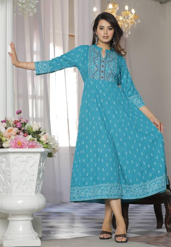 Image of Krishna Garments Jaipur's Sanganeri Women's Viscose Rayon Anarkali Kurta with Beautiful Chikan Embroidery Work If You wear This, Your Look Will Very Good