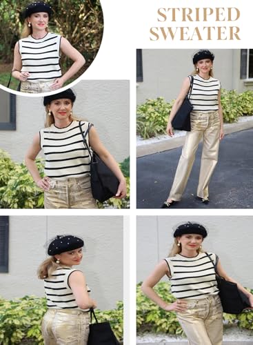 Image of Dokotoo Tank Top for Women 2026 Striped Casual Crewneck Sleeveless Lightweight Sweater Vest Knit Summer Clothes