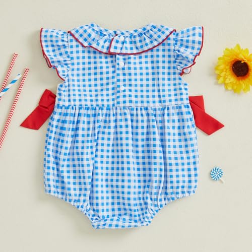 Owl's-Yard Baby Girl Smocked Romper Short Sleeve Bubble Rompers Summer Clothes Plaid Print Embroidery Bow Bodysuit3