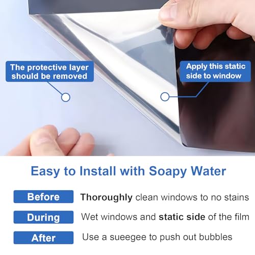One Way Daytime Window Privacy Film See Out Not in, Window Tint for Home, Reflective Mirror Glass Windows Coverings Sun Heat UV Blocking, Black-Silver, 17.5" X 78.7"