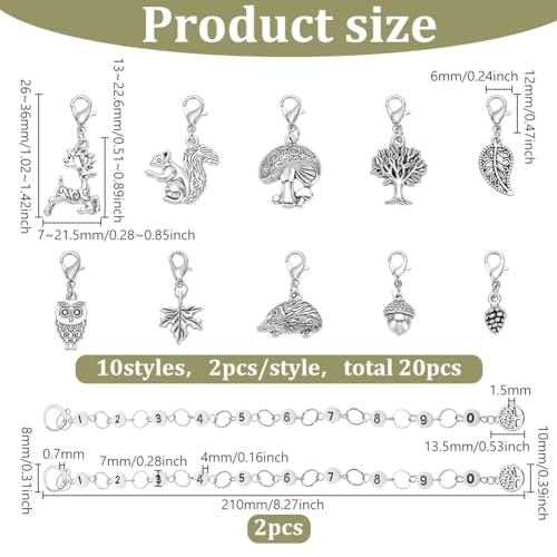 BENECREAT 11Pcs Acrylic Number Knitting Row Counter Chains and Alloy Autumn Theme Charm Locking Stitch Markers with Lobster Claw Clasps for Knitting Weaving Sewing Accessories Antique Silver - Image 2