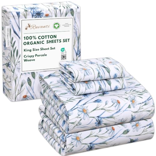 RUVANTI 100% Cotton Organic Percale Sheets King Size Daisy Bud