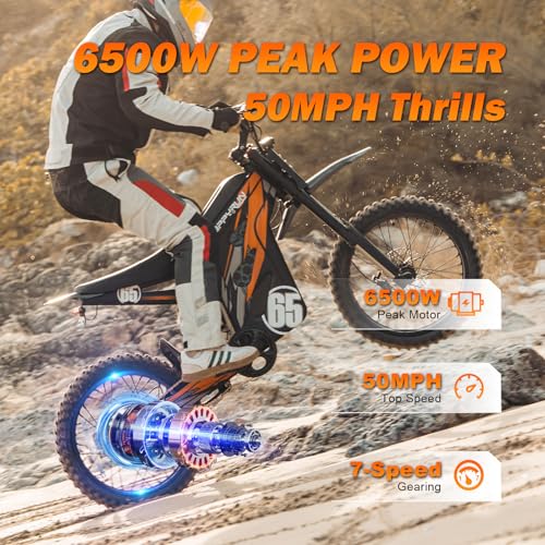 Image of HAPPYRUN G300 Pro Electric Dirt Bike for Adults, 72V 30Ah Battery, 6500W Motor, 50 MPH Speed, 70 Mile Range, 350 Lbs Load Capacity, Hydraulic Brakes