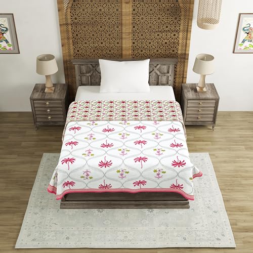 Image of BLOCKS OF INDIA Hand Block Printed Cotton Single Size Reversible Malmal Dohar for Summer (Pink Tree)