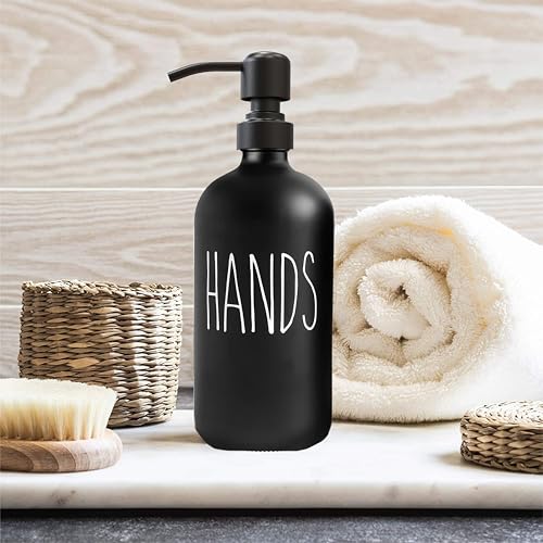 Image of Sunrise Premium 16 OZ Thick Black Glass Soap Dispenser, Matte Black Stainless Steel Pump 2 Pack, Hand and Dish Soap Dispenser Set for Bathroom with 6 Waterproof Labels