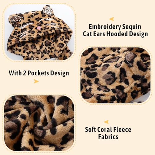 ACTLATI Leopard Cat Fleece Hooded Robe for Girls, Plush Bathrobe With Pockets for 3-12 Years Kids Birthday Christmas Gifts3