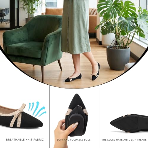 Image of Flats for Women Pointed Toe Knit Foldable Ballet Flat Shoes | Stretch knit upper,built-in arch support,cushioned insole,foldable lightweight design,non-slip sole,office and casual wear