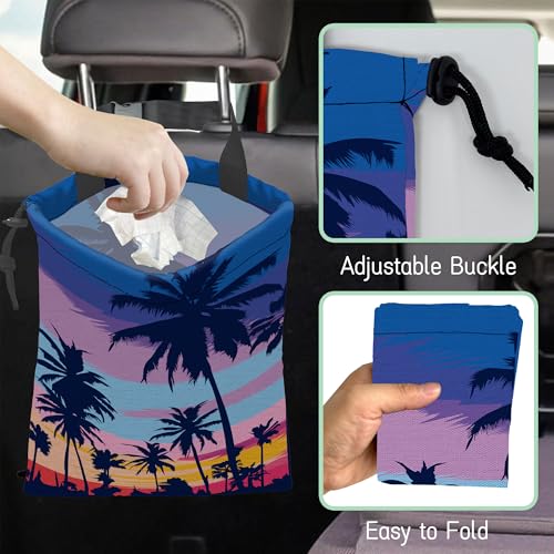 Image of Palm Trees Car Garbage Bag,Sunset Waterproof Small Car Trash Bag Hanging Back of Seat,Drawstring Hanging Car Trash Bag with Adjustable Buckle for Car Accessories
