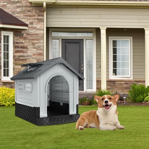 Aufun Haustierhütte Kunststoff Outdoor, Wasserabweisend isoliert Hundehaus Unterschlupf, obuste Hundehütte mit Lüftungsgitter und erhöhtem Boden, Oberlicht,Für draußen und drinnen,79.5x70.5x78cm, Grau