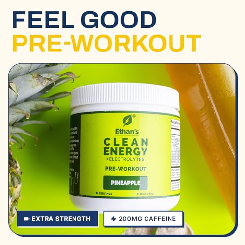Image of Ethan's Feel Good Pre-Workout & Hydration Drink Mix, 200mg Plant-Based Caffeine, Electrolytes & Adaptogens, Vegan Organic, Pineapple, 30 Servings