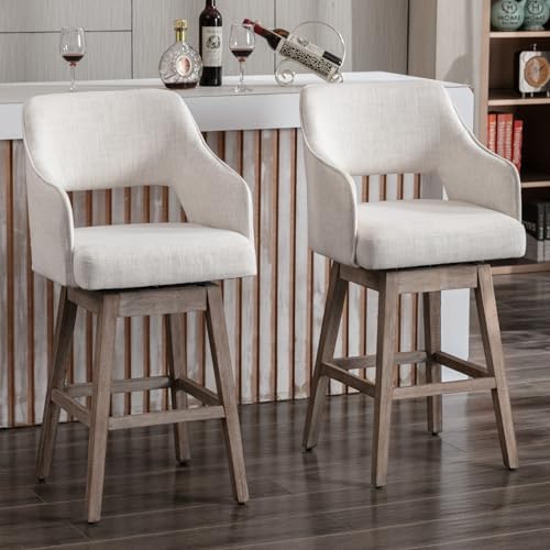 Janoray 27-in Counter Height Swivel Barstools Set of 2, Linen Fabric 5-Inch Upholstered Bar Chair with High Back and Solid Wood Bar Stools for Kitchen Island, Linen Beige