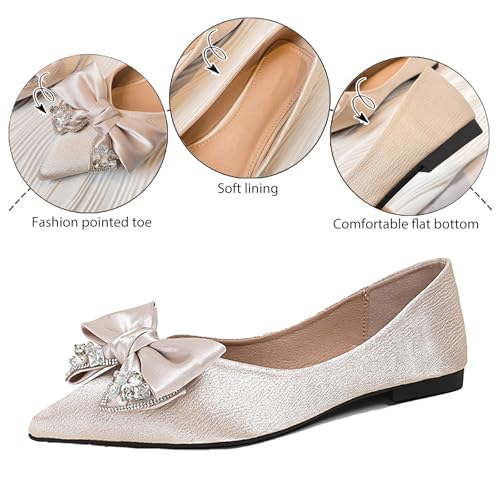 Women's Satin Bow-Knot Ballet Flats Fashion Pointed Toe Rhinestone Comfortable Slip On Soft Dress Shoes Work Party Wedding Flat Shoes2