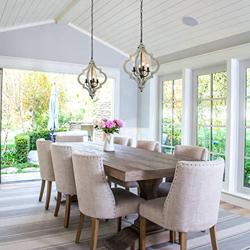 Philomena French Country Farmhouse Dining Room Chandelier, 4-Light Distressed White Coastal Boho Pendant Light Rustic Light Fixtures Hanging Kitchen Island Bedroom Foyer Entryway, Olive Solid Wooden #TOP5