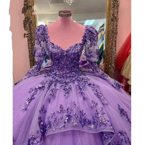 Sparkly Lace Flower Square Neck Asymmetrical Puffy Skirt Quinceanera Prom Dresses Long Illusion Sleeves 20253