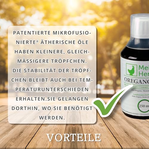 Meine Hennen Oregano-Plus 250 ml, Oregano,Thymian und Zimt Ergänzungsfuttermittel für Hühner, Tauben und Wachteln. Für Ihr Geflügel zur Unterstützung der Darmfunktion, sowie des Stoffwechsels