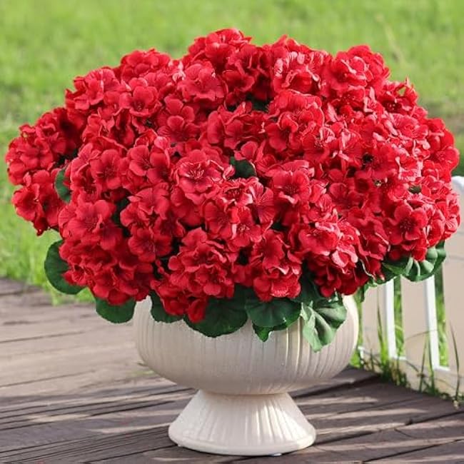8 Bundles18 Artificial Geranium Flowers for Outdoor Spring Summer Decoration,Fake Silk Geranium Faux Plants UV Resistant for Front Door Planter Outside Home Garden Balcony Yard Porch Decor (Red)