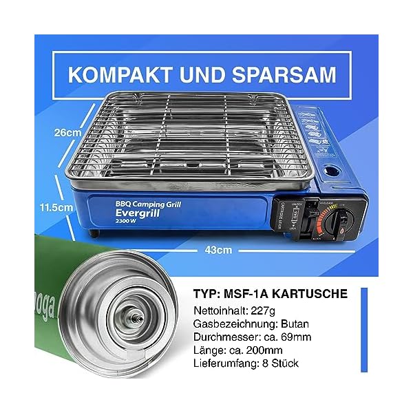Camping Gasgrill Evergrill mit 8 Gaskartuschen (MSF-1A) & Transportkoffer | Campinggrill Gasgrill BBQ Barbeque Tischgrill Butangas Reisegrill Festival Gaskocher – Bild 8