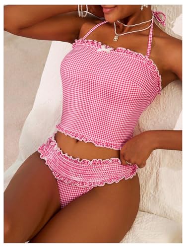 GORGLITTER Women's Gingham Bow Tankini Set Cut Strapless Halter High Cut Thong Swimsuit Bathing Suit Beach Fashion4
