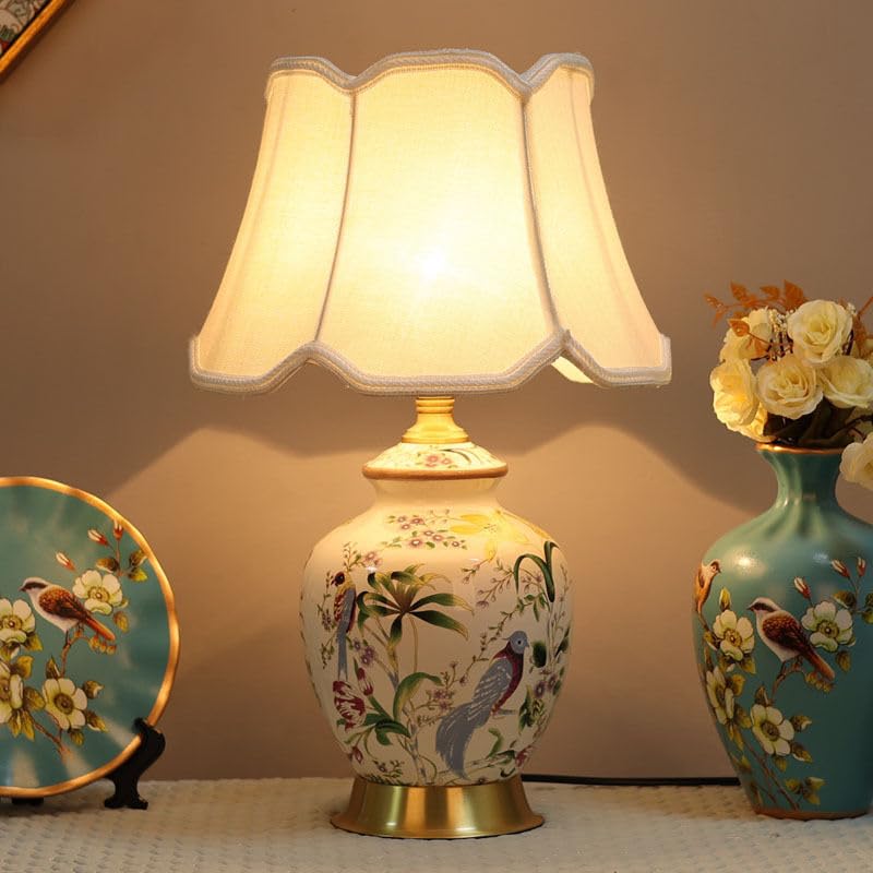 HvKvHvY Vintage Ceramic Table Lamps,E27 Handmade Bedside Lamp Nightstand Lamps, Classic Chinoiserie Green Fabric Desk Lamp for Bedroom Living Room Office(A01)
