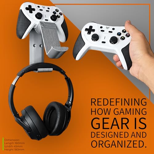 Image of Retro Dual Gaming Controller & Headphone Stand Wall Mount with Cable Holder | Stick-On Adhesive No-Drill | ABS Organizer for Gaming Room & Desk | Includes Cleaning Wipes (White, Pack Of 2)