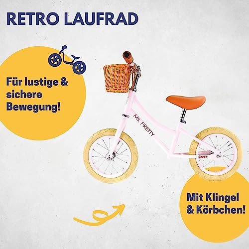 Bicicleta de correr sin pedales de estilo retro rosa con accesorios para niños 2