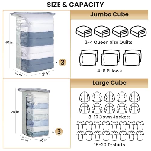 Image of TAILI 6 Pack Vacuum Storage Bags, Cube Combo (3 Jumbo+3 Medium), Cream | Vacuum Seal Bags for Clothing, Bedding, Comforters, Blankets, Space Saver No Pump Compression Cube, 2 Size