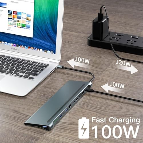Image of USB C to 12 in 1 HUB Dock MST, Type C to 4K HDMI VGA DisplayPort Ethernet Adapter 100W Power Delivery, 3 USB 3.0, SD /TF Card Reader, 3.5mm Audio for iPad MakBook Laptop Notebook Android. RT-HUB1
