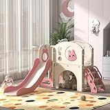 NYEEKOY 8-in-1 Toddler Slide and Climber Playset, Kids Slide Playground with Stairs, Tunnel, Telescope, Storage, Basketball Hoop and Ball, Indoor Outdoor, 1-3 Years Old, Pink