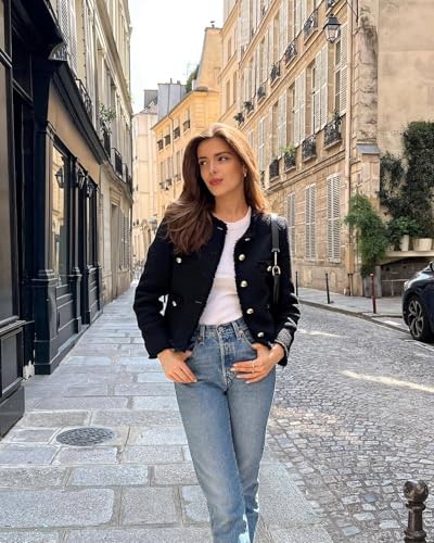 hathne Womens Tweed Blazers Jackets Casual Long Sleeve Button Down Cropped Jacket Coat Tops with Pocket3