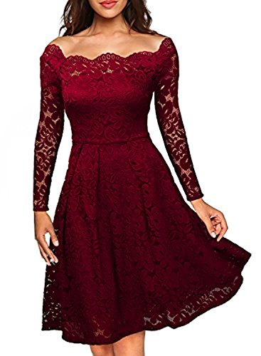 Yigoo Festliche Elegant Kleider Damen Festlich Hochzeit Spitzenkleider Vintage Abendkleid Schulterfrei Cocktailkleid A-Linie Knielang Langarm Rot 2XL