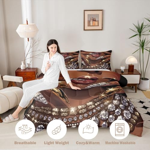 Image of Erosebridal Black Woman Comforter Set African American King Bedding Set for Teens Adult Afro Black Female Duvet Insert Glitter Artwork Magical Bed Set Room Decor (1 Comforter, 2 Pillowcases)